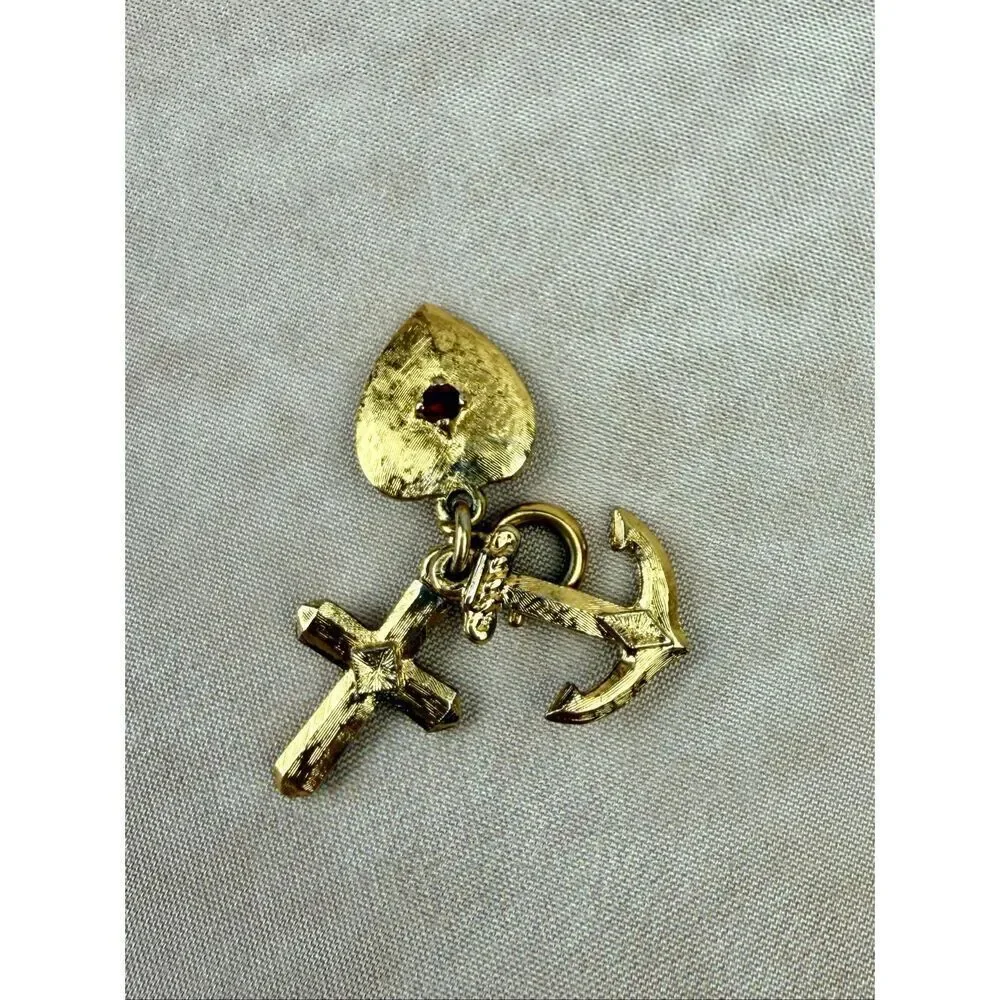 Vintage Gold Tone Faith Hope and Charity Cross Charm Pendant